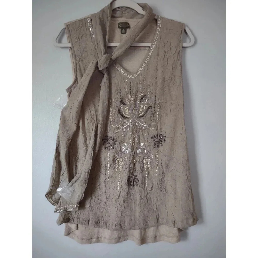 Anthropologie Fei Sz Medium Sleeveless Beaded Fall Tank with Necktie Tan Green